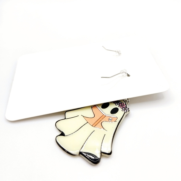 Halloween Ghost Flowers Book Fun Scary Story Acrylic Earrings New - Picture 2 of 2